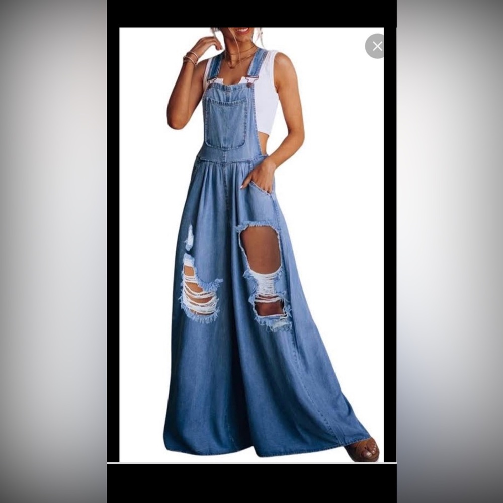 Chouyatou Women's Loose Adjustable Strap Wide Leg Denim Bib Overall Jeans Pants